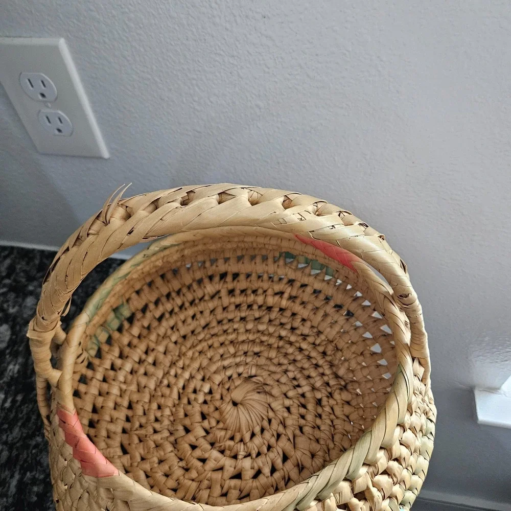 Vintage Native American Coiled‎ Basket Bowl colorful pattern with Handles